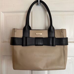 Kate Spade New York Leather Bow Tote Bag Black & Beige Polka Dot Lining Satchel